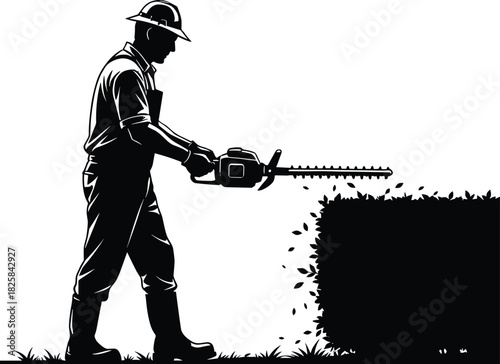 Silhouette of professional gardener trimming hedge with electric trimmer, outdoor landscaping maintenance worker shaping bushes, agriculture and garden care illustration