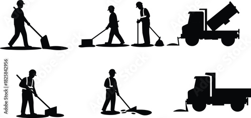 Silhouette of road construction workers and dump truck, asphalt paving and repair work at construction site, civil engineering illustration