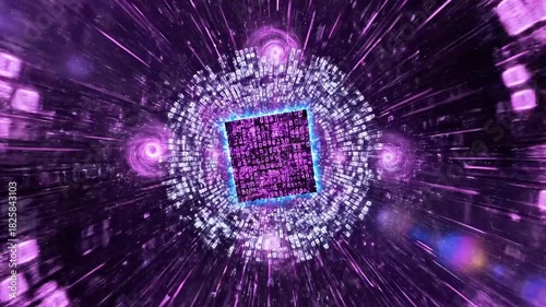 Glowing cyber cube floats amid neon purple swirls, streaming code, and bright blue beams in view now