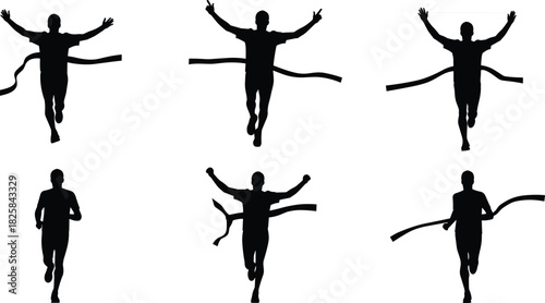 Silhouette of runners crossing finish line with victory pose, marathon race concept, athletic success, fitness motivation and sports achievement