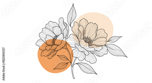 Elegant line art illustration of two blooming flowers with detailed petals and leaves set against soft abstract orange circles.
