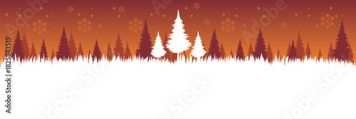 Warm Christmas vector background with a red and orange forest silhouette and falling snowflakes.