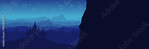 Wide screen Christmas banner template featuring a minimalist snowy field and small pine trees.