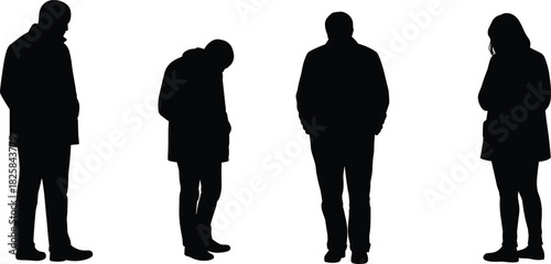 Silhouette of sad people standing alone, depressed posture, loneliness, stress, emotional pain, mental health struggle, grief, anxiety, solitude, and despair.