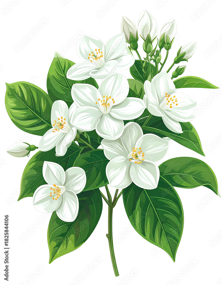 Fototapeta premium White jasmine flowers, green leaves, on a black background