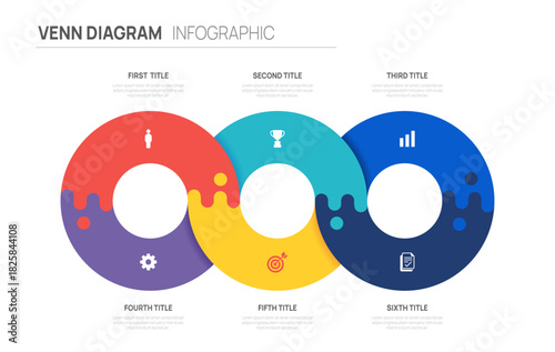 Venn diagram business infographic circle management chart template 6 steps options, presentation vector illustration.