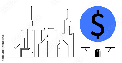 City skyline with circuit-style lines, large dollar symbol, and balance scale. Ideal for technology, finance, urban planning, smart city concepts, innovation, digital transformation sustainable