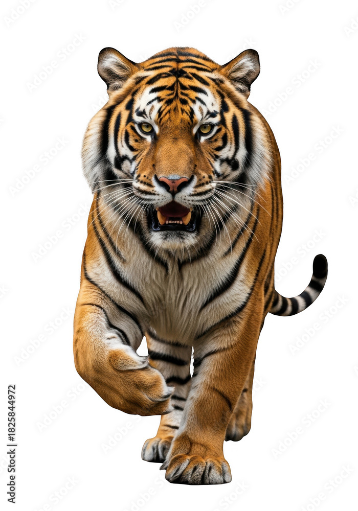 Obraz premium Majestic bengal tiger walking towards camera png image, wildlife predator, feline animal, isolated on transparent background