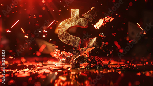 Shattering Golden US Dollar Sign 3D Render Symbolizing Economic Collapse and Financial Crisis