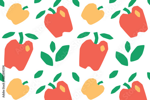 Vector illustration with flat cartoon seamless pattern of apples and leaves in naive broken line style, simple rustic fruit design for textiles, wrapping, kitchen decor, fresh natural pattern