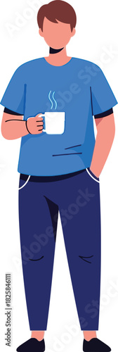 Man standing holding a dark mug, smiling man holding a steaming cup of coffee, looking to the side