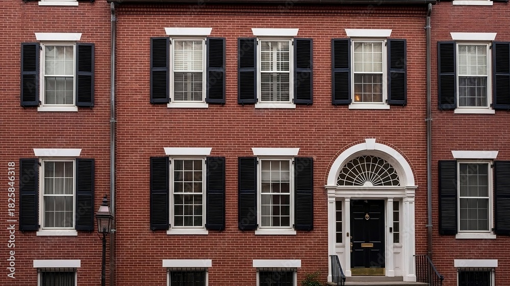 Obraz premium Charming red brick townhouse facade with classic black shutters and elegant doorway, perfect for real estate marketing, historic preservation projects, and architectural design inspiration