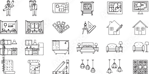 Set of interior design icons architect and furniture line art vector illustration for construction and home improvement projects