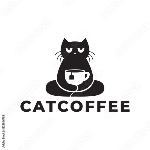 Cartoon cat logo holding a cup of coffee  vector icon symbol illustration minimalist design