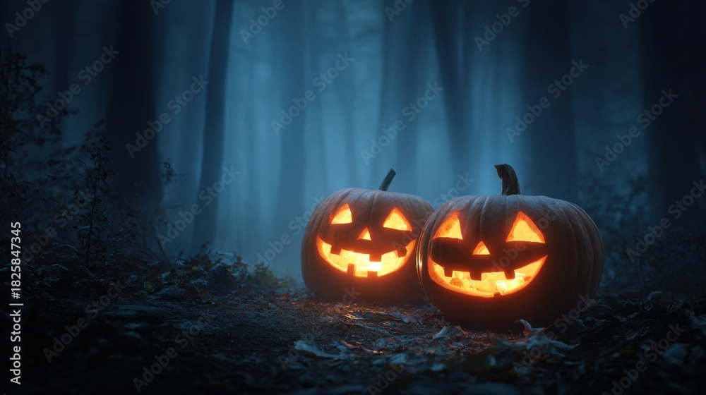 Naklejka premium Two carved pumpkins sit on the forest floor glowing warmly against the twilight. Fog surrounds them creating a spooky atmosphere perfect for Halloween.