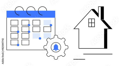 Calendar with marked dates, reminder gear, and house icon. Ideal for time management, planning, scheduling, real estate, productivity home tasks organization. Simple flat metaphor