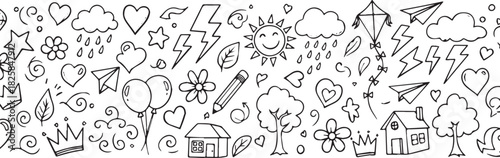 Hand-drawn doodle pattern with various objects including weather nature and school elements perfect for backgrounds or creative projects