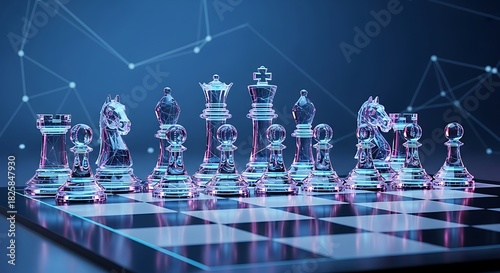 Futuristic glass chess game on chessboard with abstract glowing network background