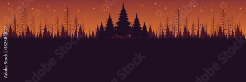 Panoramic Christmas vector background with a green winter forest silhouette and snow.