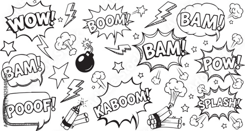 Comic speech bubbles with explosion effects hand-drawn vector illustration for graphic design background