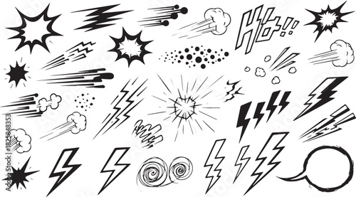 Set of hand-drawn comic speech bubbles and elements vector illustration of speed lines explosion effects for manga and comics
