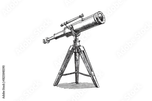 Detailed illustration of telescope. Astronomical observatory equipment for exploring space. Vintage scientific instrument. Astronomy science.