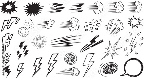 Set of cartoon speed effect elements comic motion lines and burst shapes vector illustration background