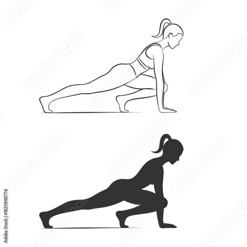 Woman mountain climber exercise pose vector silhouette and outline for gym fitness and workout concept.