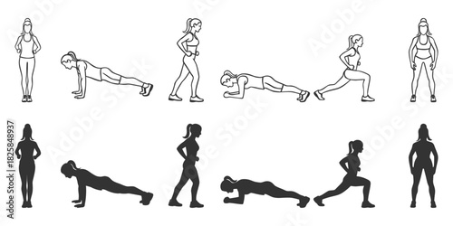 Woman workout exercise pose vector silhouette, line art set for fitness, gym and healthy lifestyle design elements.