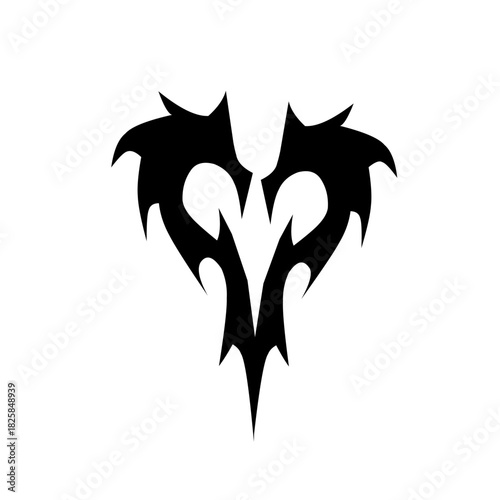 Sharp black tribal heart design with aggressive, dynamic edges. A striking symbol combining dark romance with primal, mythical power, perfect for tattoo art or intense branding.