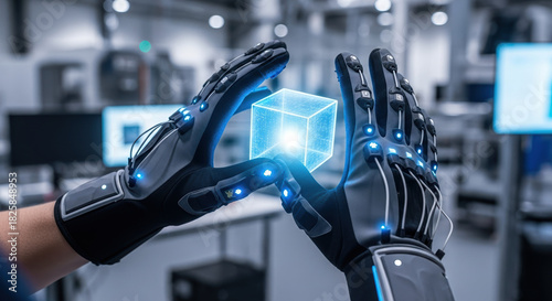 Person experiences VR using haptic gloves to manipulate virtual cube. Advanced VR technology allows manipulation of digital objects in virtual spaces, enhancing immersive user experience.