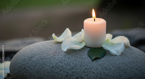 Suicide Loss Day commemoration with candle on stone. Suicide Loss Day remembrance scene featuring burning candle surrounded by flower petals. Evoking hope and healing,