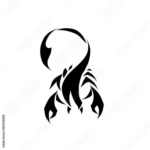 Minimalist black scorpion design with an arched tail and sharp claws. A sleek and iconic tribal symbol of danger, power, and the astrological sign Scorpio.