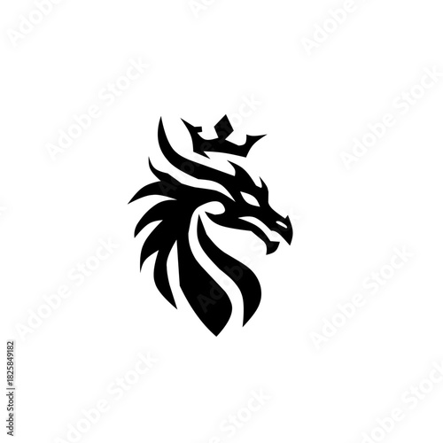 Elegant black dragon head in profile, topped with a regal crown. A minimalist and stylized symbol representing royalty, nobility, and fierce power, ideal for luxury branding.