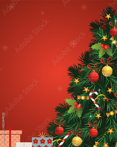 Festive illustration with a Christmas theme. A decorated tree adorned with red and gold baubles.