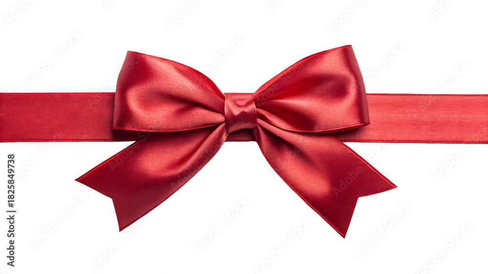 Fototapeta premium Red Satin Ribbon Bow on Gift Wrap Band isolated on transparent background.