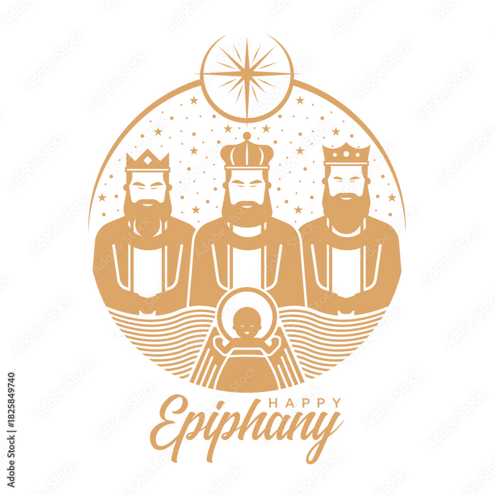 Fototapeta premium Happy Epiphany Day, Christian festival - Three wise men and baby jesus in circle shape under star light at night vector design