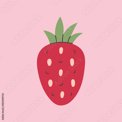 Hand Drawn Strawberry Card. Cute Ripe Juicy Red Berry with seeds and leaves Icon. Whimsical childish symbol for kids children design. Flat vector illustration
