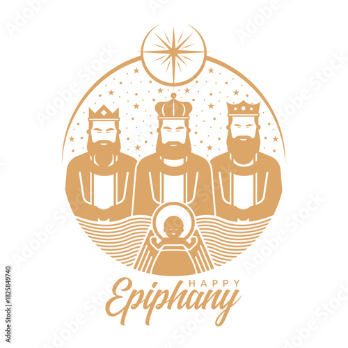 Happy Epiphany Day, Christian festival - Three wise men and baby jesus in circle shape under star light at night vector design