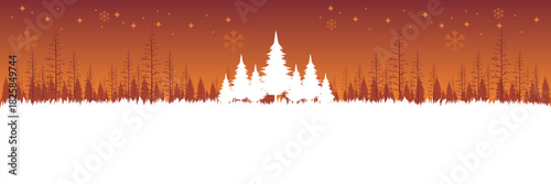 Minimalist winter landscape illustration in a warm red and orange theme for a holiday header.