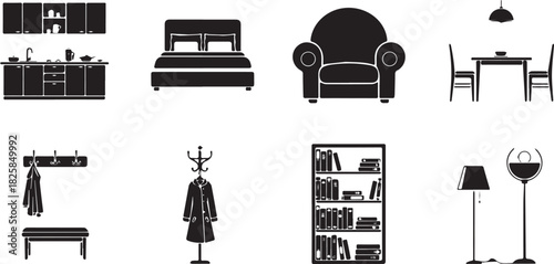 Set of furniture icons interior design elements in simple black silhouette style vector illustration for home decoration and app design