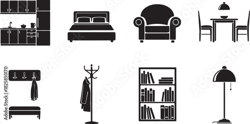 Set of furniture icons including kitchen bedroom and living room elements vector illustration for interior design and home decor projects