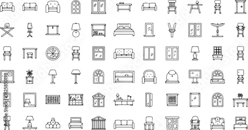Collection of furniture line icons vector interior design elements for home decoration and arrangement background