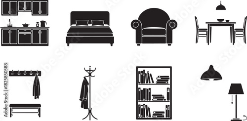 Black silhouette furniture set including kitchen bedroom and living room elements vector icons for interior design and home decor projects