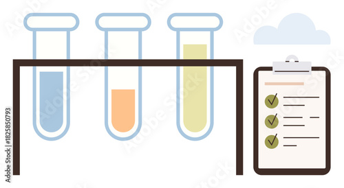 Three test tubes on a rack with different colored liquids next to a clipboard with a checklist. Ideal for science, research, education, chemical testing, data analysis, quality control, healthcare