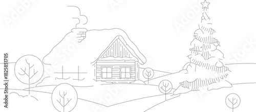 Rustic Wooden Cabin in a Snowy Landscape with Trees.