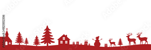 Christmas Landscape With Red Holiday Banner And Decorative Border, Festive Winter Background Designed For Seasonal Greeting Cards And Celebration Themes In Clean Modern Vector Illustration Style