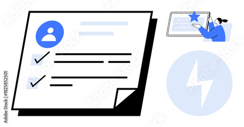Profile sheet highlighted with completed checklist, user approving tablet content, and abstract lightning bolt. Ideal for productivity, validation, profile management, technology, organization