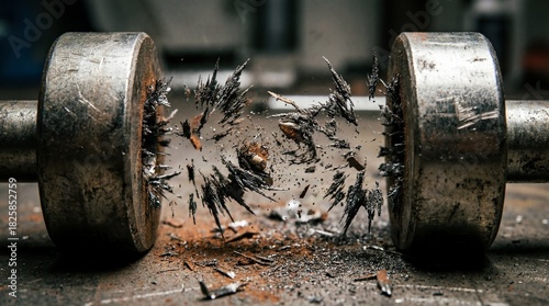 Detailed high-speed photo illustrating an intense magnetic attraction as jagged iron filings erupt between two weathered steel cylindrical magnets on a grimy surface.