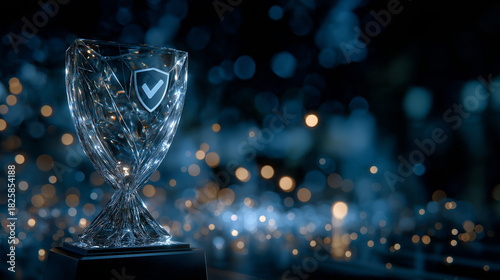 Digital Shield of Honor: A luminous, crystal trophy embodies the essence of protection and digital security.